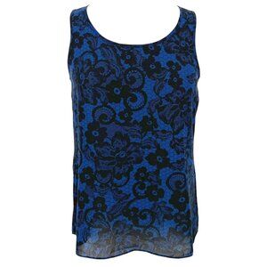 Express Blue Floral Sleeveless Split Back Casual Blouse Black Size Small NWT